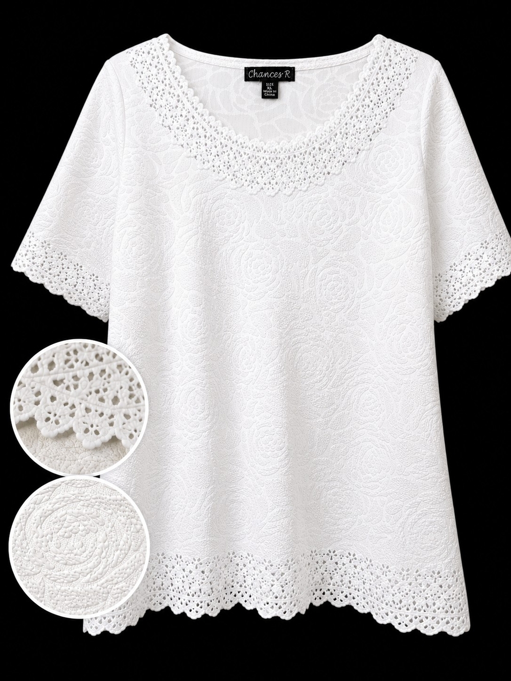 Chances R White Embossed Floral Roses Top XL Cutout Trim Stretch Short Sleeve